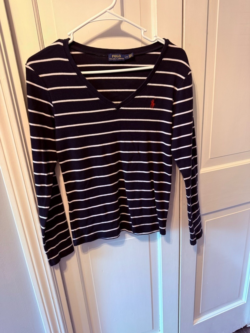 Ralph Lauren Navy and White Striped V-Neck Long Sleeve Top